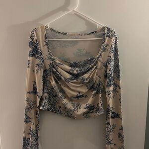 Elegant Cream and Blue Long Sleeve Top